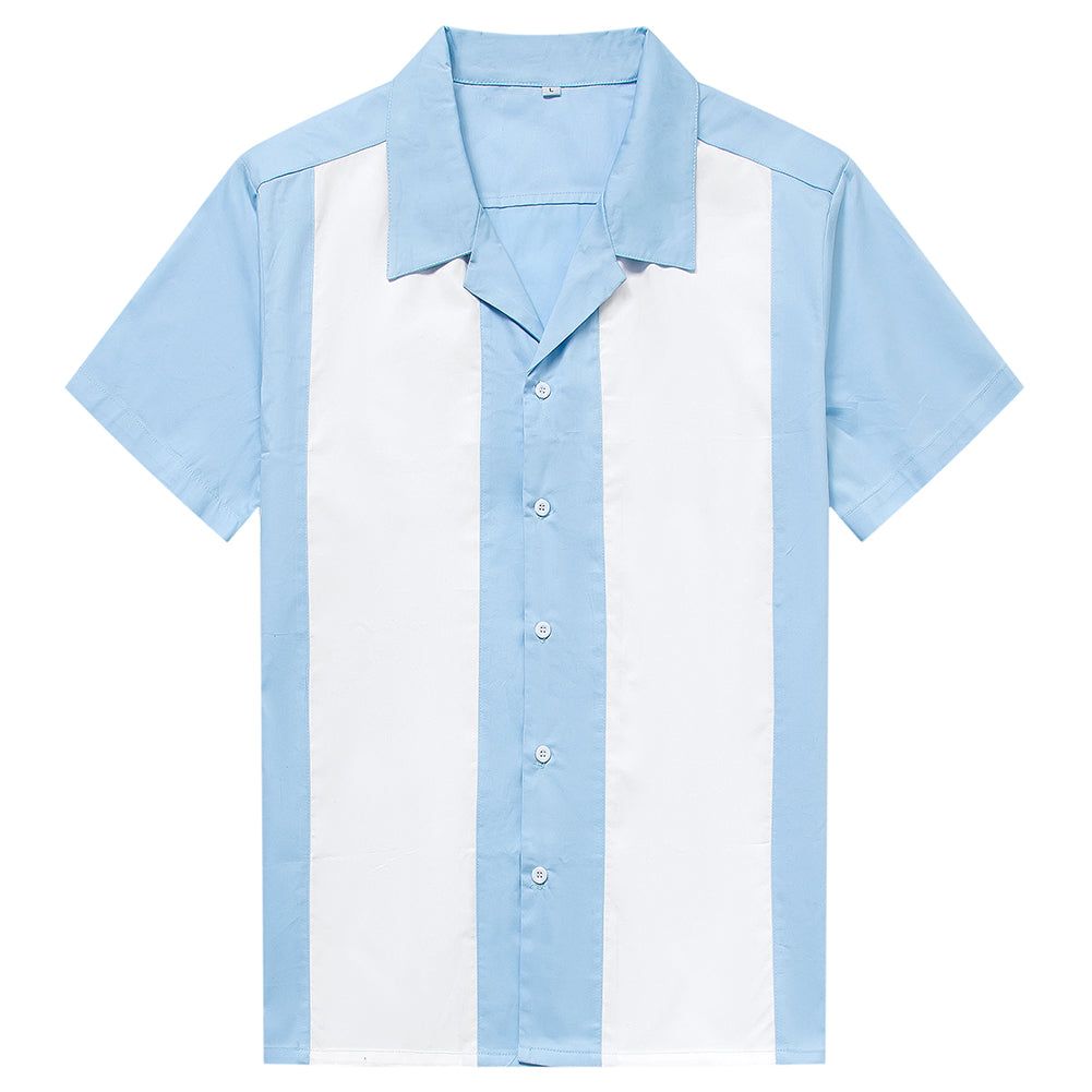 Sky Blue & White Panel Retro Bowling Shirt